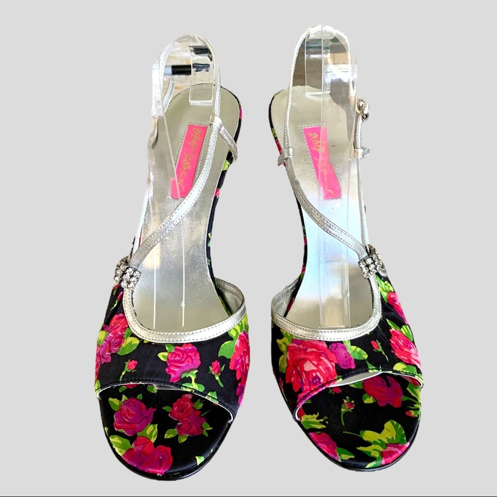 BETSY JOHNSON FIESTA STRAP HEELS BLACK WITH PINK FLORAL. SIZE 10 - Picture 2 of 5